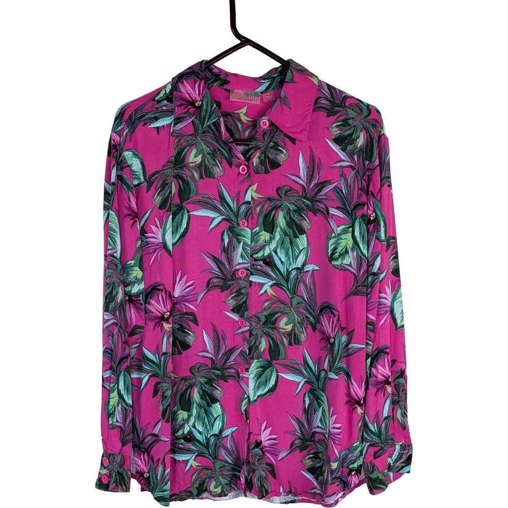 Brandis Button Down Shirt Women Small Magenta Tropical Floral Rayon Long‎ Sleeve